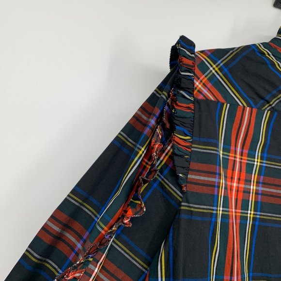 J.Crew Top Black Red Plaid Button Popover Ruffle Long Sleeve - Picture 12 of 13